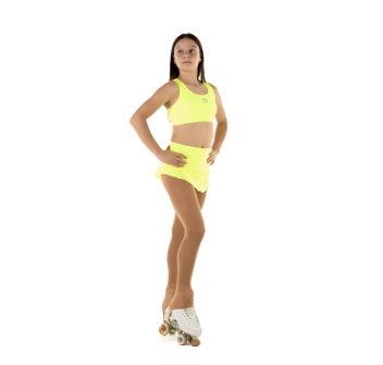 Conjunto de patinaje para niña con falda de lycra con strass y top America – Wave AMARILLO FLUO