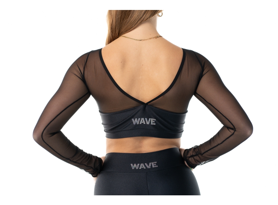Crop top deportivo de lycra y mangas de red Wave para niña Negro