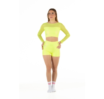 Crop top deportivo de lycra y mangas de red Wave para Mujer Amarillo Fluo