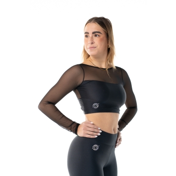 Crop top deportivo de lycra y mangas de red Wave para Mujer Negro