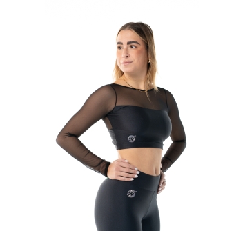 Crop top deportivo de lycra y mangas de red Wave para Mujer Negro
