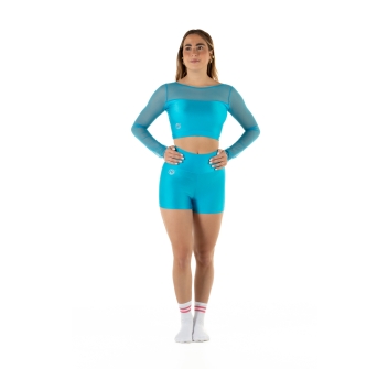 Crop top deportivo de lycra y mangas de red Wave para Mujer Turquesa